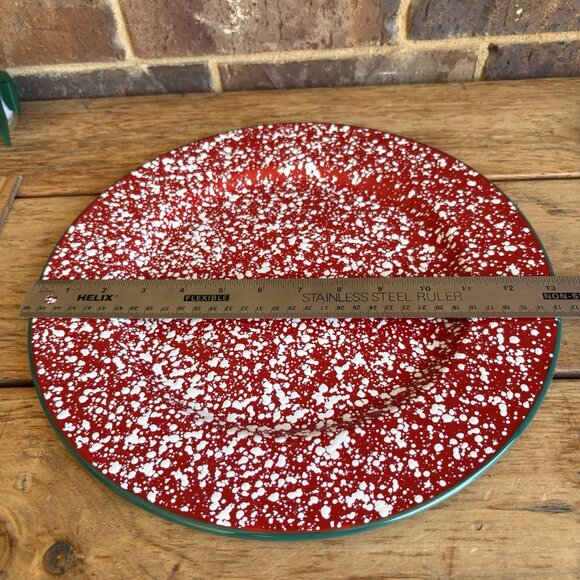 Robert Stanley Enamelware Serving Plates Chargers Red White Speckled Green Edge - Picture 12 of 13